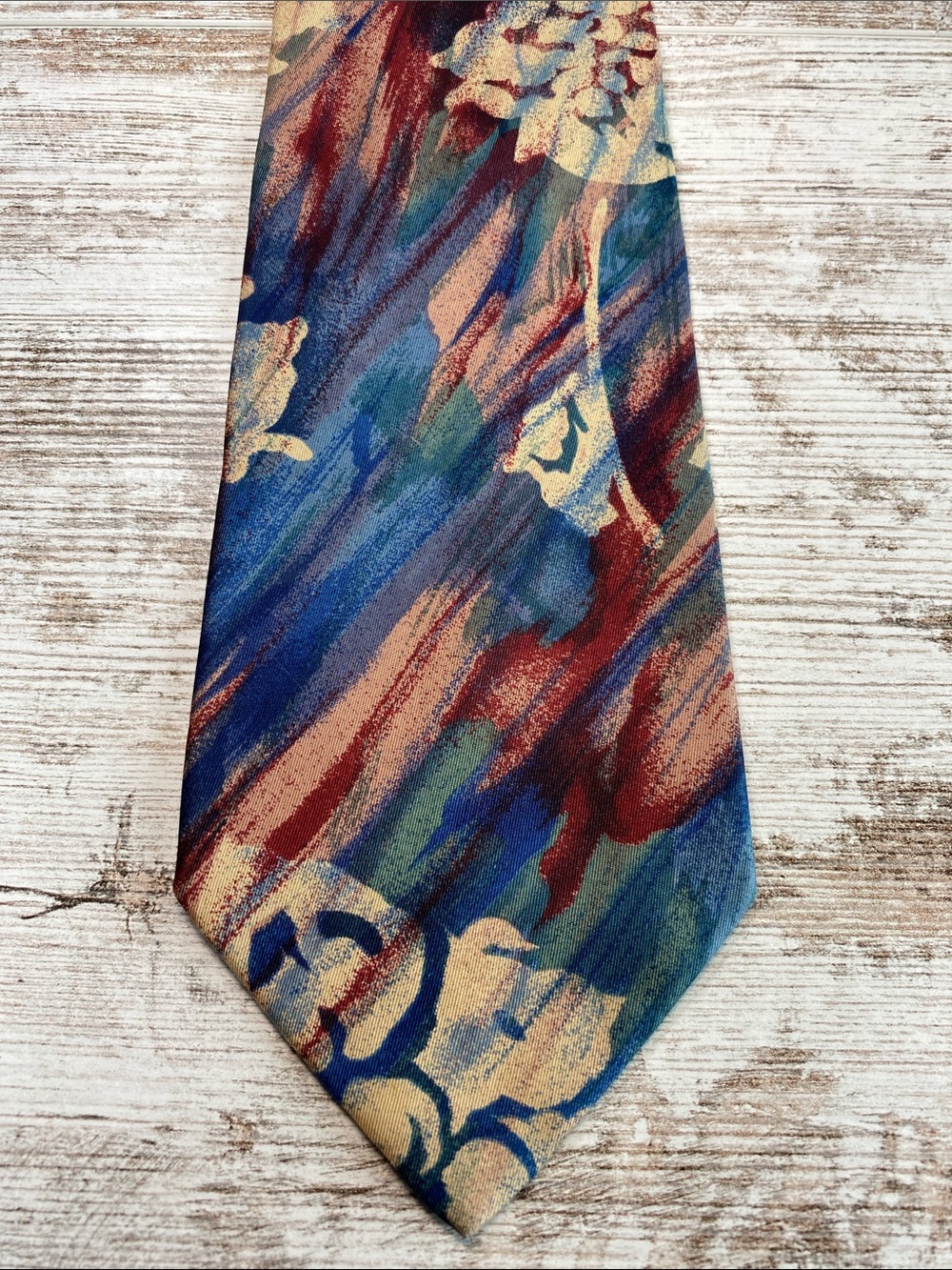Vintage Serica Italian Silk Abstract Floral Necktie Blue Burgundy Tan Wide Tie